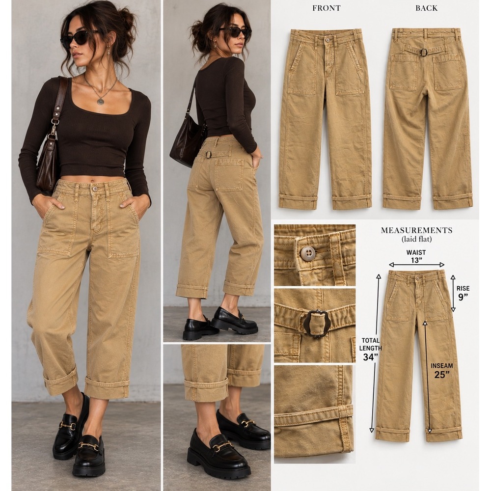 American Eagle Utility Pants 00 Tan Crop Wide Leg Workwear Carpenter Cinch Back